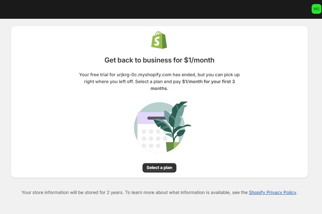 Shopify 1 dollar sellect plan after free trial